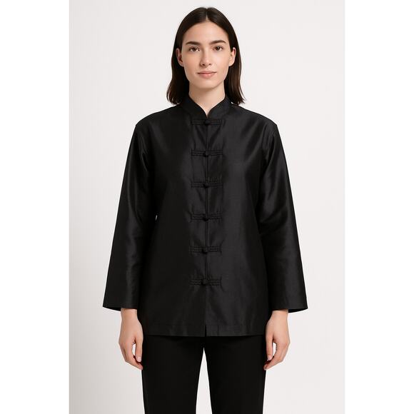 Vintage 100% Thai Silk Jacket Black Mandarin Collar Frog Buttons large - Picture 1 of 14